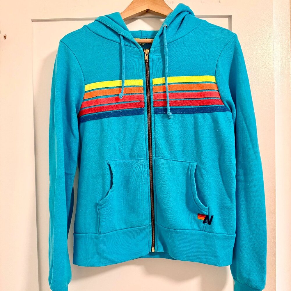 Aviator Nation 5 Stripe Zip-up Hoodie - Aqua Teal Womens XS